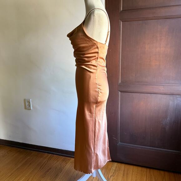 PRINCESS POLLY | Copper Satin Cowl Neck High Slit Midi Slip Dress Cowl Neck 0 - Picture 3 of 5
